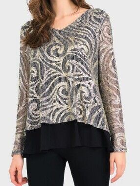 Joseph Ribkoff Black Gold Mesh Layered Tunic 14/16